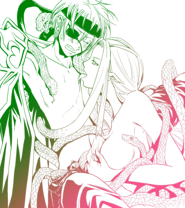 1boy 1girl bad_id bad_source breasts clenched_teeth closed_eyes coat commentary_request cowboy_shot eyepatch femdom handjob headband hetero large_breasts licking licking_nipple long_hair looking_at_another medusa_(ragnarok_online) mr.romance nipple_stimulation open_clothes open_coat open_mouth paizuri penis pointy_ears priest_(ragnarok_online) ragnarok_online simple_background snake snake_girl snake_hair teeth white_background