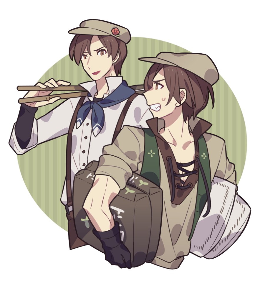 2boys bag beret black_gloves border brothers brown_eyes brown_hair clenched_teeth collared_shirt commentary fire_emblem fire_emblem:_genealogy_of_the_holy_war gloves green_background grey_hat haconeri hat high_collar holding holding_bag holding_stick iuchar_(fire_emblem) iucharba_(fire_emblem) male_focus multiple_boys nintendo open_mouth outside_border pectoral_cleavage pectorals round_border shirt siblings stick sweat symbol-only_commentary teeth v-shaped_eyebrows white_border white_shirt