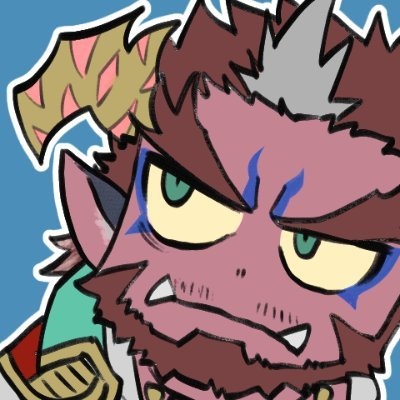 1boy animal_ears another_eidos-r profile_picture bad_source bags_under_eyes bara beard brown_hair chibi colored_sclera cow_ears curled_horns demon_boy demon_horns facial_hair flat_color green_eyes grey_hair horns looking_to_the_side lowres male_focus mature_male multicolored_hair mustache portrait short_hair solo stalon_(another_eidos) streaked_hair stubble tusks yakisoba_ohmori yellow_sclera