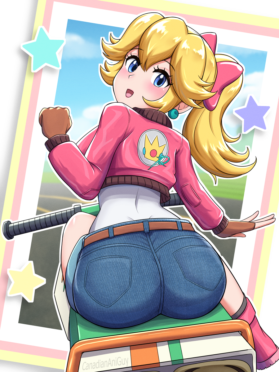 1girl ass ass_focus blonde_hair blue_eyes blush boots bow breasts canadiananiguy denim denim_shorts from_behind gloves hair_bow highres huge_ass long_hair looking_at_viewer looking_back mario_(series) mario_kart mario_kart_world nintendo open_mouth ponytail princess_peach princess_peach_(touring) short_shorts shorts sideboob smile solo super_mario_bros._1