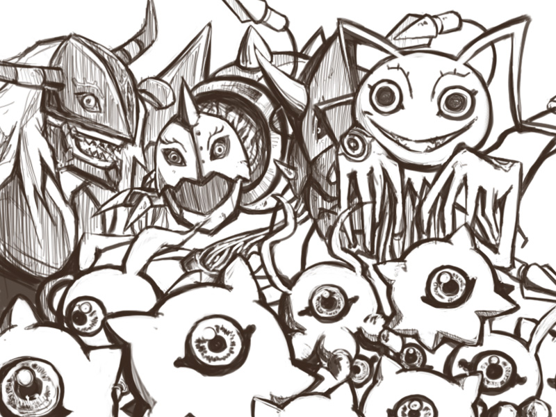 chrysalimon diablomon digimon digimon_(creature) evolutionary_line horns infermon keramon kuramon looking_at_viewer open_mouth tentacles tsumemon