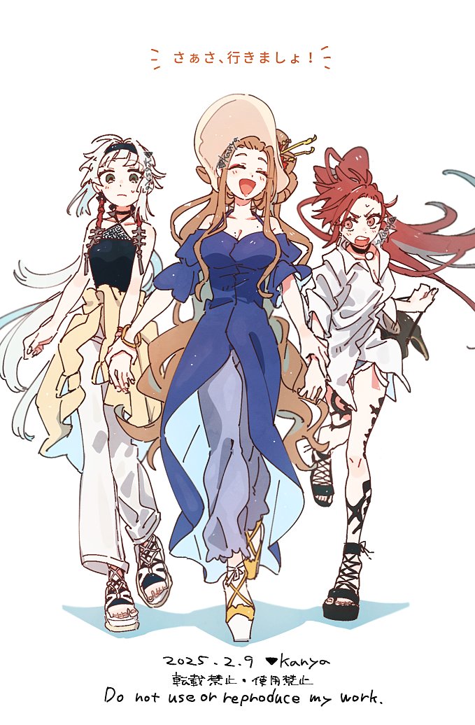 3girls alternate_costume alternate_hairstyle artist_name black_choker black_footwear blue_dress breasts brown_hair choker cleavage closed_eyes clothes_around_waist criss-cross_halter dated denim denim_shorts dorothea_coyett dress earrings fate/grand_order fate/samurai_remnant fate_(series) grey_eyes grey_pants hair_ornament hair_stick halterneck hat high_ponytail holding_another&#039;s_wrist jacket jacket_around_waist jewelry kanya_(asa_yake01) kishimen_hair leg_tattoo long_hair long_sleeves mole mole_on_breast multiple_girls off-shoulder_dress off_shoulder official_alternate_costume official_alternate_hairstyle open_mouth oversized_clothes oversized_shirt pants ponytail puffy_short_sleeves puffy_sleeves red_hair sandals shirt short_shorts short_sleeves shorts sidelocks sleeveless smile sweat takao_dayu_(fate) tattoo wavy_hair white_footwear white_hair white_pants white_shirt yellow_jacket yellow_sandals yui_shousetsu_(fate)