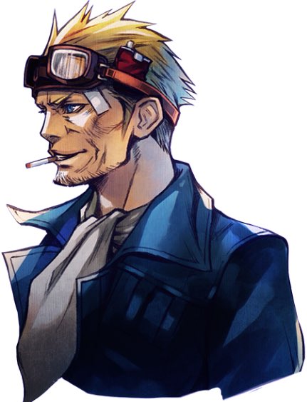 1boy arms_at_sides ascot bandage_on_face bandages beard black_jacket blonde_hair blue_eyes breast_pocket cheekbones cid_highwind cigarette cigarette_pack commentary english_commentary facial_hair final_fantasy final_fantasy_vii final_fantasy_vii_g-bike from_side game_cg goggles goggles_on_head jacket long_sleeves looking_ahead mouth_hold nomura_tetsuya official_art pocket profile scarf smoking solo third-party_source v-shaped_eyebrows white_ascot white_scarf