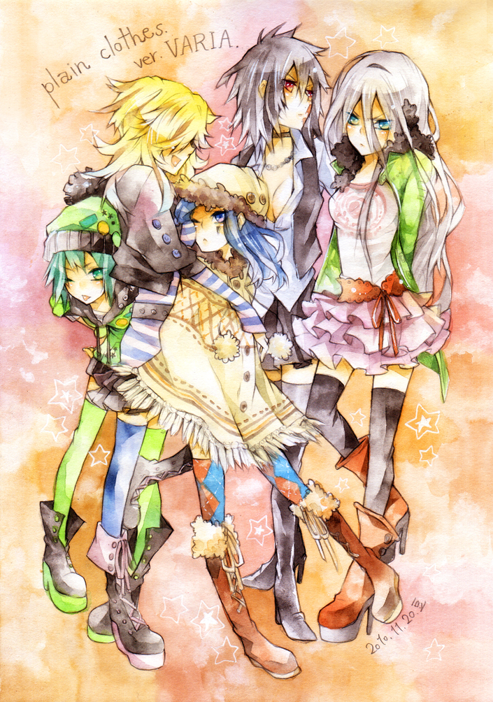 bad_id bad_pixiv_id belphegor_(reborn) between_breasts blonde_hair breasts cleavage fran_(reborn) genderswap genderswap_(mtf) hair_over_eyes hat katekyo_hitman_reborn! long_hair mame_(enndoumame2009) mammon_(reborn) multiple_girls shirt short_hair smile striped_clothes striped_shirt superbi_squalo thighhighs xanxus