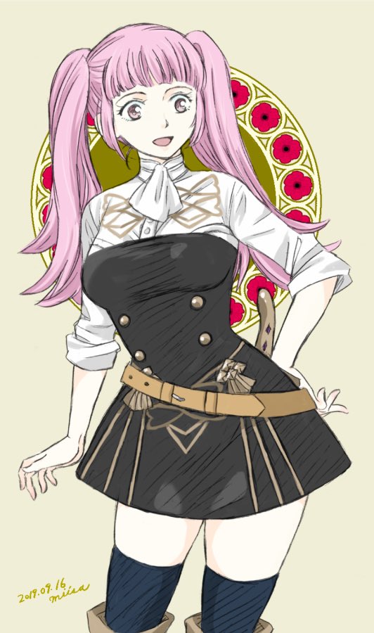 1girl 2019 belt breasts cowboy_shot dated female_focus fire_emblem fire_emblem:_three_houses garreg_mach_monastery_uniform hand_on_own_hip hilda_valentine_goneril large_breasts long_hair matching_hair/eyes miisa nintendo open_mouth pink_eyes pink_hair signature smile solo standing thighhighs thighs twintails zettai_ryouiki