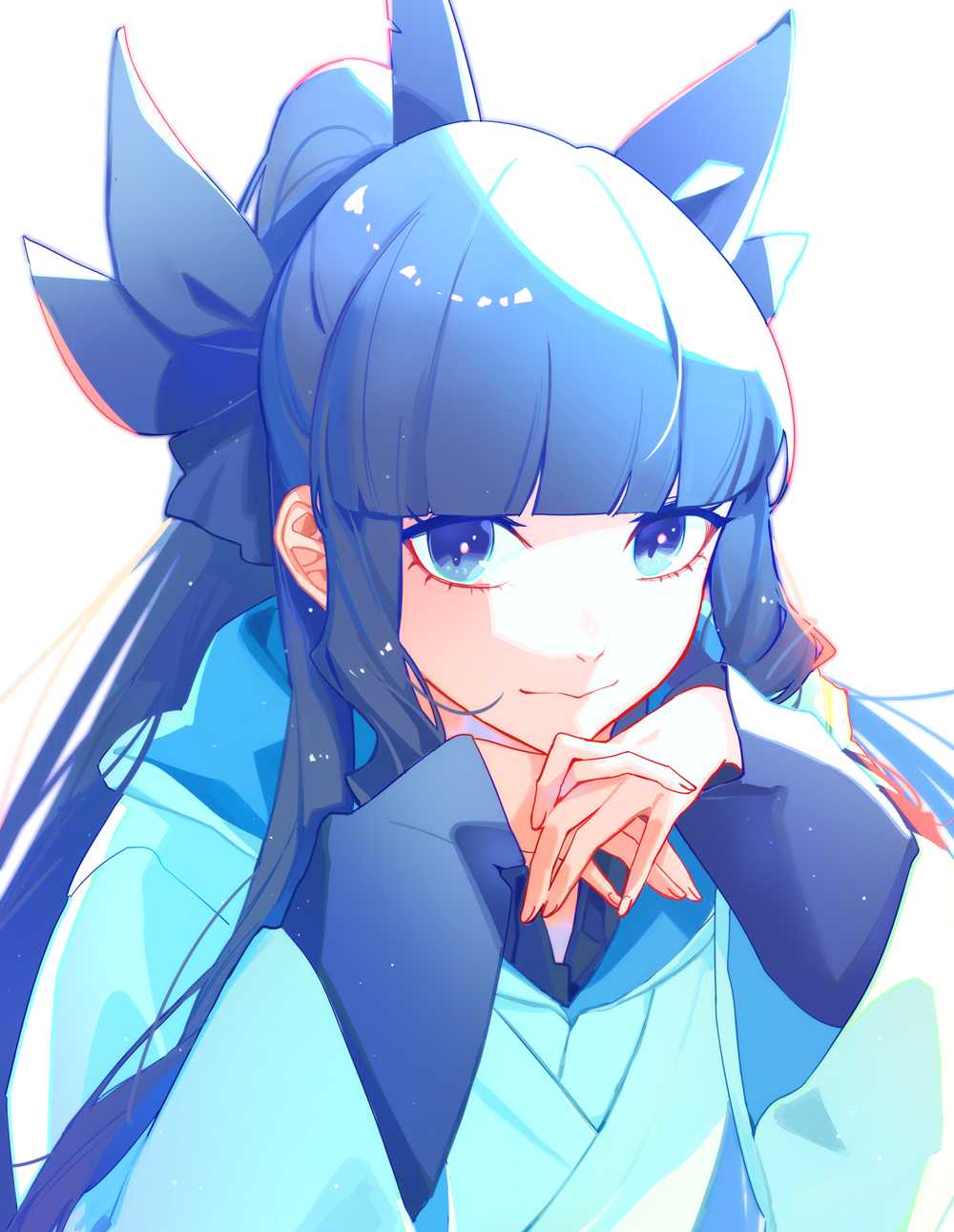 1girl artemis_of_the_blue atelier_live blue_theme blunt_bangs closed_mouth collared_shirt commentary english_commentary highres hood hood_down layered_clothes long_hair looking_at_viewer mixed-language_commentary own_hands_together ponytail shirt sidelighting simple_background skn solo virtual_youtuber white_background