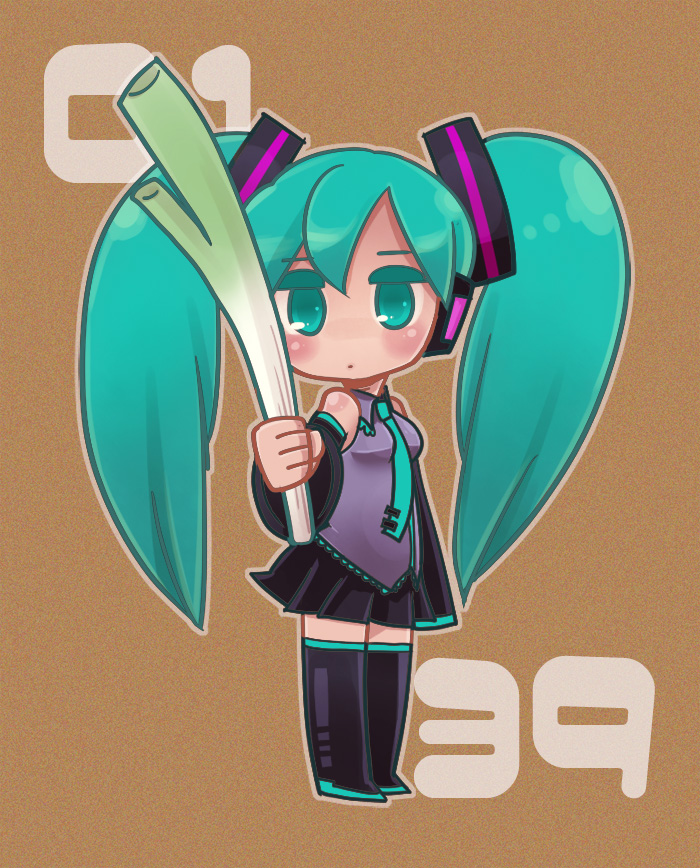 1girl 39 aqua_eyes aqua_hair aqua_necktie bare_shoulders blush closed_mouth detached_sleeves dot_mouth food hatsune_miku headset holding holding_food holding_spring_onion holding_vegetable long_hair miku_day necktie nmru_(185u) no_nose pleated_skirt skirt solo spring_onion tan_background thighhighs twintails vegetable vocaloid zettai_ryouiki