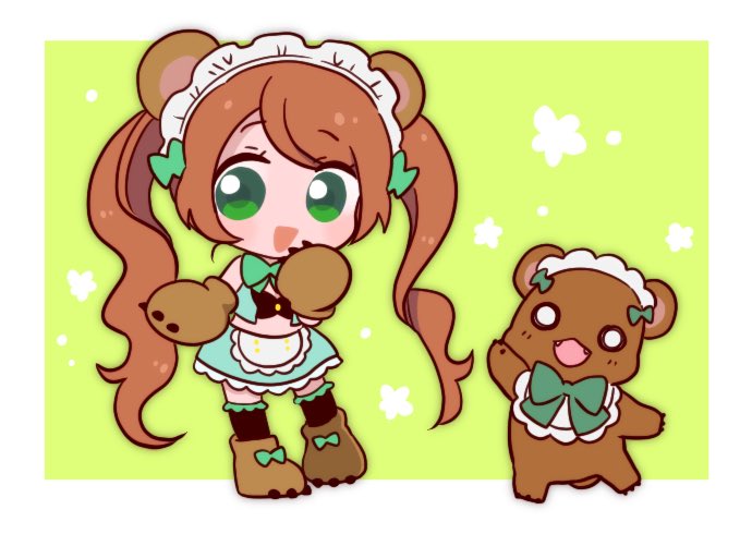 1girl :d animal_ears animal_hands apron bear bear_ears bear_girl bear_paws black_socks blush border bow brown_footwear brown_hair chibi crop_top dual_persona fangs frilled_apron frills full_body gloves green_background green_bow green_eyes green_skirt hair_bow hand_up long_hair looking_at_viewer maid_headdress midriff open_mouth paw_gloves paw_shoes skirt smile socks soramame_(s0ramameeeee) standing twintails waist_apron white_apron white_border yuri_kuma_arashi yurigasaki_lulu