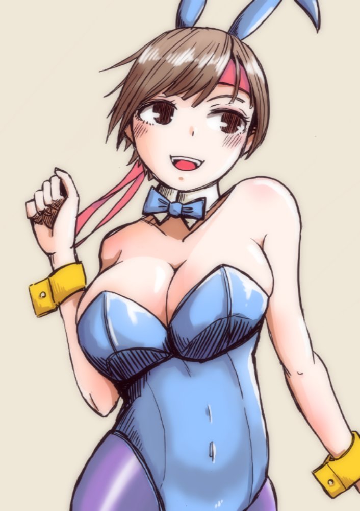 1girl animal_ears blue_leotard breasts brown_eyes brown_hair cleavage detached_collar fake_animal_ears headband large_breasts leotard open_mouth ori_tsuki pantyhose playboy_bunny rabbit_ears red_headband ryuuko_no_ken short_hair simple_background smile solo strapless strapless_leotard the_king_of_fighters wrist_cuffs yuri_sakazaki