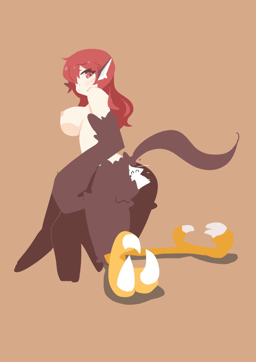 1girl animal_ears ass big_o_pants bird_ears bird_legs bird_tail blush breasts brown_background brown_feathers brown_wings commentary cursor feather_fingers feathers fio-chan_(big_o_pants) hair_over_one_eye harpy highres kneeling large_breasts long_hair looking_at_viewer looking_back monster_girl nipples no_lineart original red_eyes red_hair simple_background solo tail talons winged_arms wings