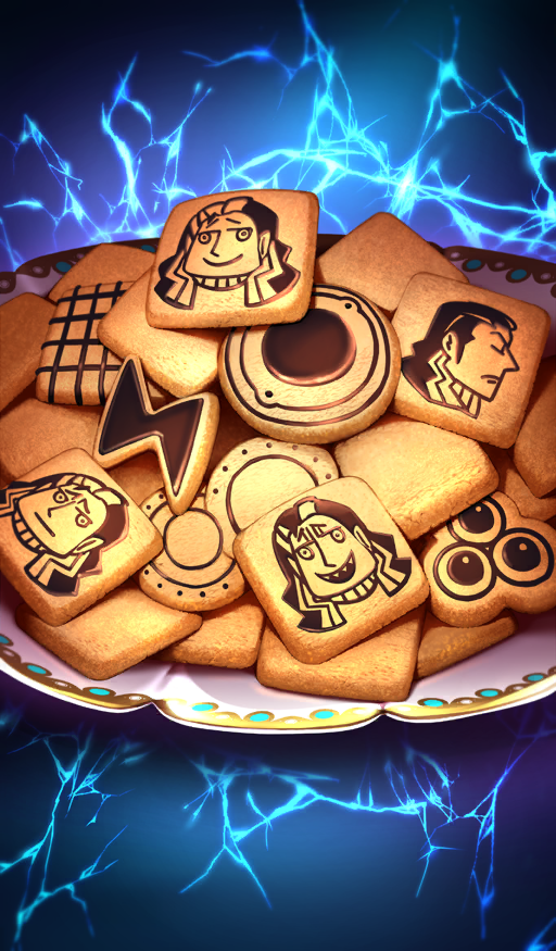 blue_background chocolate_icing chocolate_lady_no_karasawagi commentary cookie fate/grand_order fate_(series) food food_focus ichihashi_makoto icing lightning_bolt_symbol nikola_tesla_(fate) no_humans official_art plate riyo_(lyomsnpmp)_(style) third-party_source