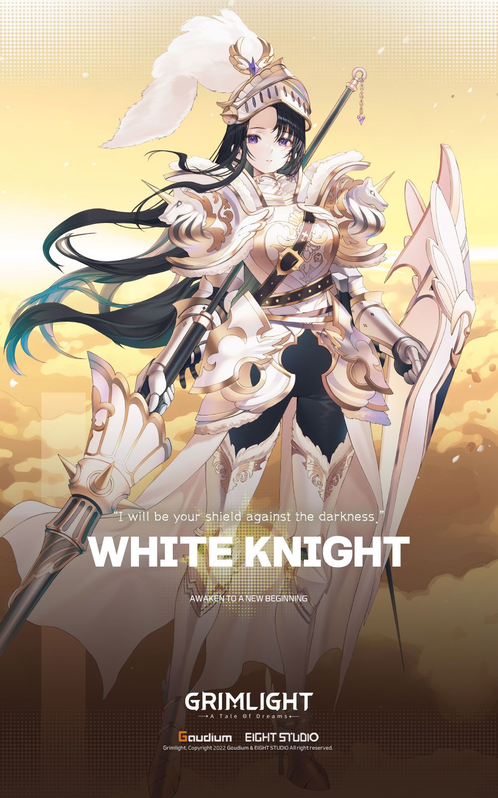 1girl armor artist_request black_hair feathers grimlight helmet highres holding holding_weapon lancer_(gears_of_war) long_hair looking_at_viewer official_art purple_eyes shield solo very_long_hair weapon white_armor white_knight_(grimlight)