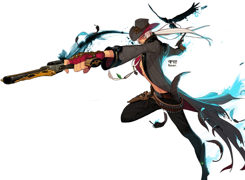 00s bird builts cowboy_hat dnf dungeon_and_fighter feathers gun gunner_(sekaiju) hat jewelry necklace ponytail ranger raven revolvers weapon white_hair