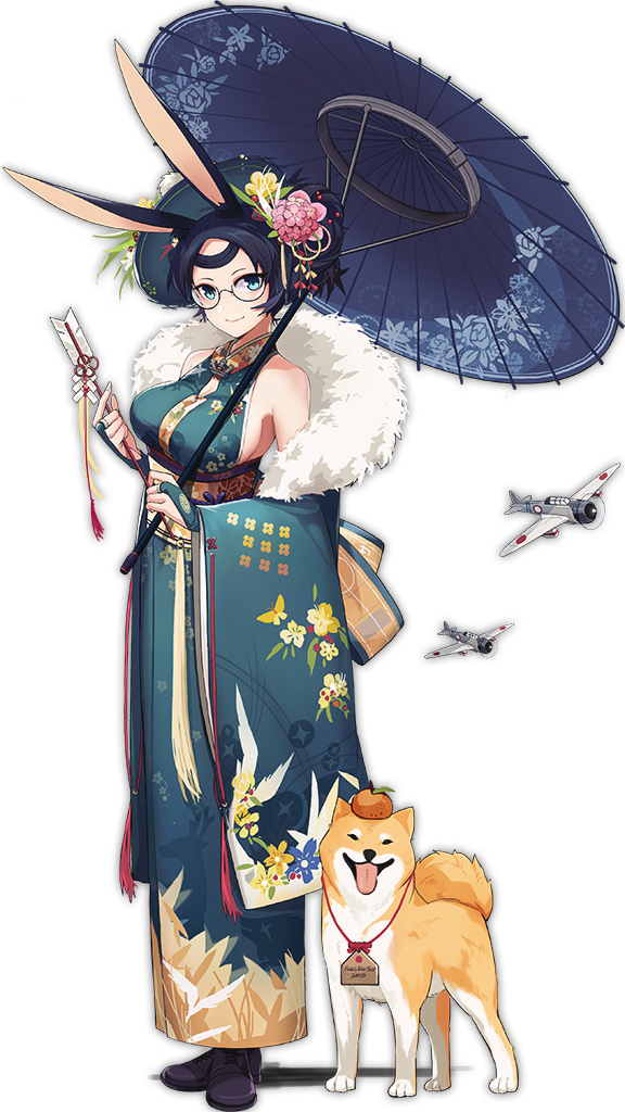 1girl aircraft airplane alternate_costume animal_ears azur_lane blue_eyes blue_hair bomber breasts cleavage cleavage_cutout closed_mouth clothing_cutout dive_bomber dog eyelashes female_focus fingernails floral_print flower food fruit full_body fur_trim glasses hair_bun hair_flower hair_ornament holding holding_umbrella large_breasts long_fingernails long_sleeves mandarin_orange no_bra obi official_art oil-paper_umbrella orange_(fruit) rabbit_ears round_eyewear sash shiba_inu short_hair sideboob single_hair_bun smile solo souryuu_(azur_lane) souryuu_(the_crane_amidst_the_pines)_(azur_lane) standing tachi-e transparent_background umbrella wide_sleeves xiao_(ye_yiaoxi)