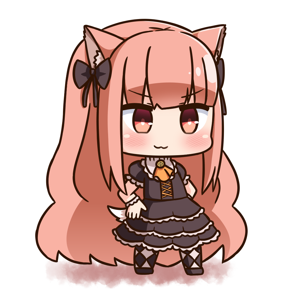 1girl :3 animal_ears argyle_clothes argyle_pantyhose ascot black_bow black_dress black_footwear blush bow brown_eyes brown_hair chibi closed_mouth commentary_request dog_ears dog_girl dog_tail dress female_focus full_body hair_bow hana_kazari hands_on_own_hips kirara_fantasia long_hair orange_ascot pantyhose puffy_short_sleeves puffy_sleeves salt_(kirara_fantasia) short_sleeves solo standing tail very_long_hair white_background