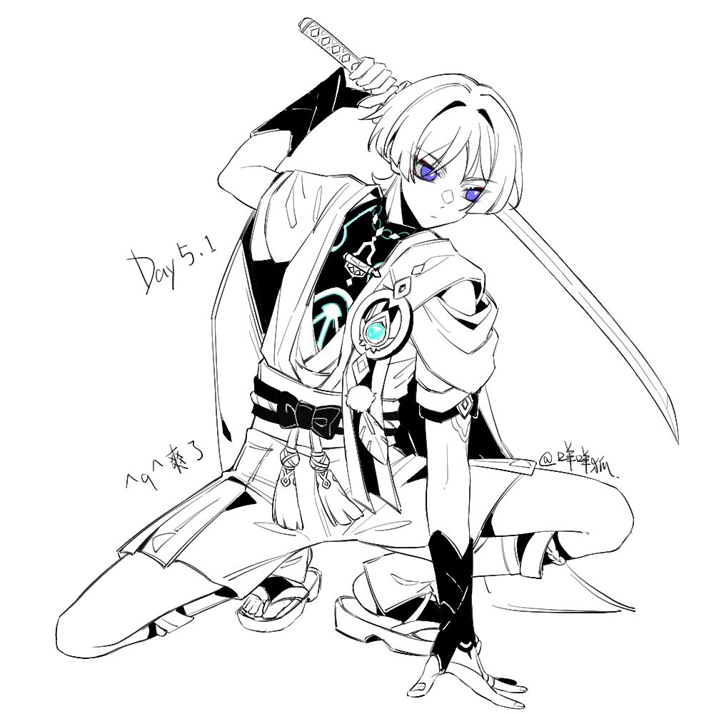 1boy ^_^ ^q^ aqua_gemstone armor belt blunt_ends bodysuit bow bridal_legwear bright_pupils cape closed_eyes closed_mouth expressionless eyeliner eyeshadow feathers furisode gem genshin_impact glowing_gem glowing_markings gold_ring hair_intakes hakama hakama_shorts hand_on_ground hand_up holding holding_sword holding_weapon japanese_armor japanese_clothes katana kimono kote layered_sleeves looking_to_the_side makeup male_focus mandarin_collar middle_ring mohu_116 partially_colored pleated_shorts pom_pom_(clothes) purple_eyes pussy_juice red_eyeliner red_eyeshadow rope sandals sash scaramouche_(genshin_impact) short_sleeves shorts shoulder_peek solo squatting stirrup_legwear sword tassel toeless_legwear toes translation_request tsurime twitter_username vision_(genshin_impact) wanderer_(genshin_impact) weapon white_pupils wispy_bangs zouri