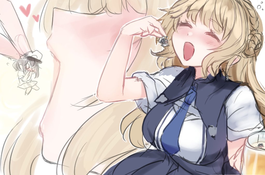 2girls alcohol beer beer_mug blue_necktie blush braid braided_bun breasts closed_eyes cup fairy_(kancolle) hair_bun hat heart holding holding_cup kantai_collection light_brown_hair long_hair mug multiple_girls multiple_views necktie open_mouth ranger_(kancolle) short_sleeves utopia_(utopiavl) vore