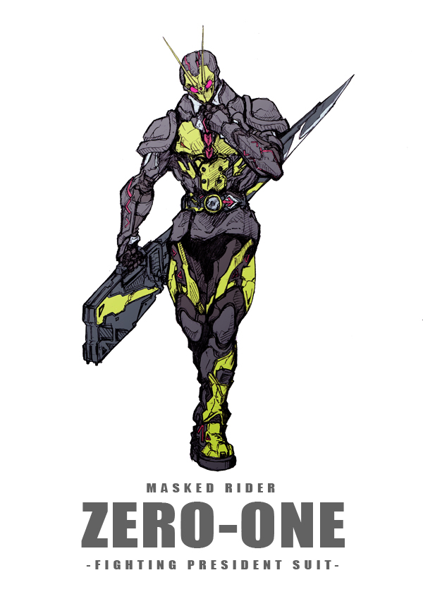 1boy adjusting_clothes adjusting_necktie antennae armor attache_calibur belt bug character_name rider_belt english_text gloves grasshopper green_armor helmet insect kamen_rider kamen_rider_01_(series) kamen_rider_zero-one looking_at_viewer male_focus necktie power_armor red_eyes reiwa reverse_grip rider_belt rising_hopper solo sword tokusatsu walking weapon zakkizaki zero_one_driver