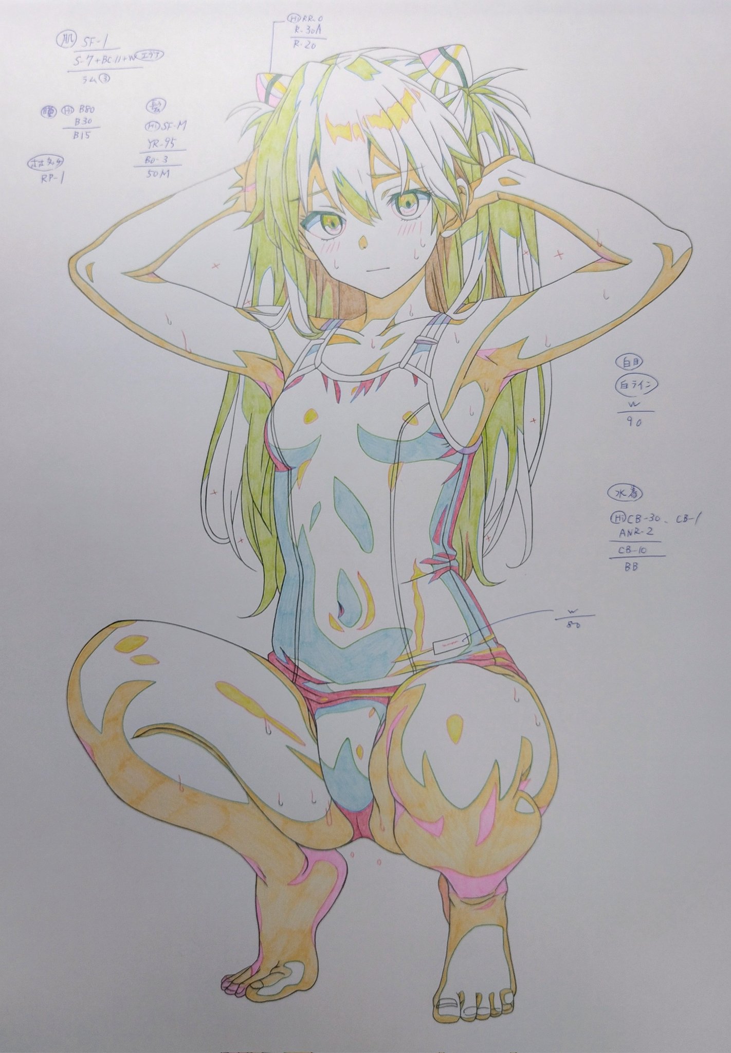 1girl arms_behind_back arms_up barefoot breasts cameltoe cel covered_navel full_body hand_in_own_hair highres interface_headset_(evangelion) long_hair looking_at_viewer medium_breasts monochrome navel neon_genesis_evangelion one-piece_swimsuit open_mouth photo_(medium) school_swimsuit shiny_skin simple_background solo souryuu_asuka_langley squatting standing swimsuit thighs traditional_media twintails umino_kaori very_long_hair