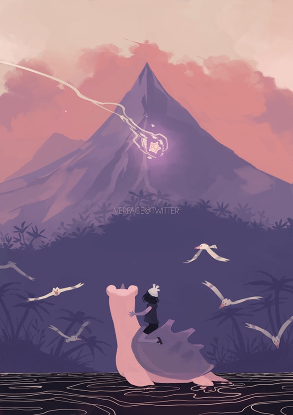 1girl artist_name game_freak gen_1_pokemon gen_3_pokemon gen_7_pokemon landscape lapras limited_palette minior mountain nintendo pokemon pokemon_(creature) pokemon_sm riding riding_pokemon scenery selene_(pokemon) twitter_username ver_(verface) wingull