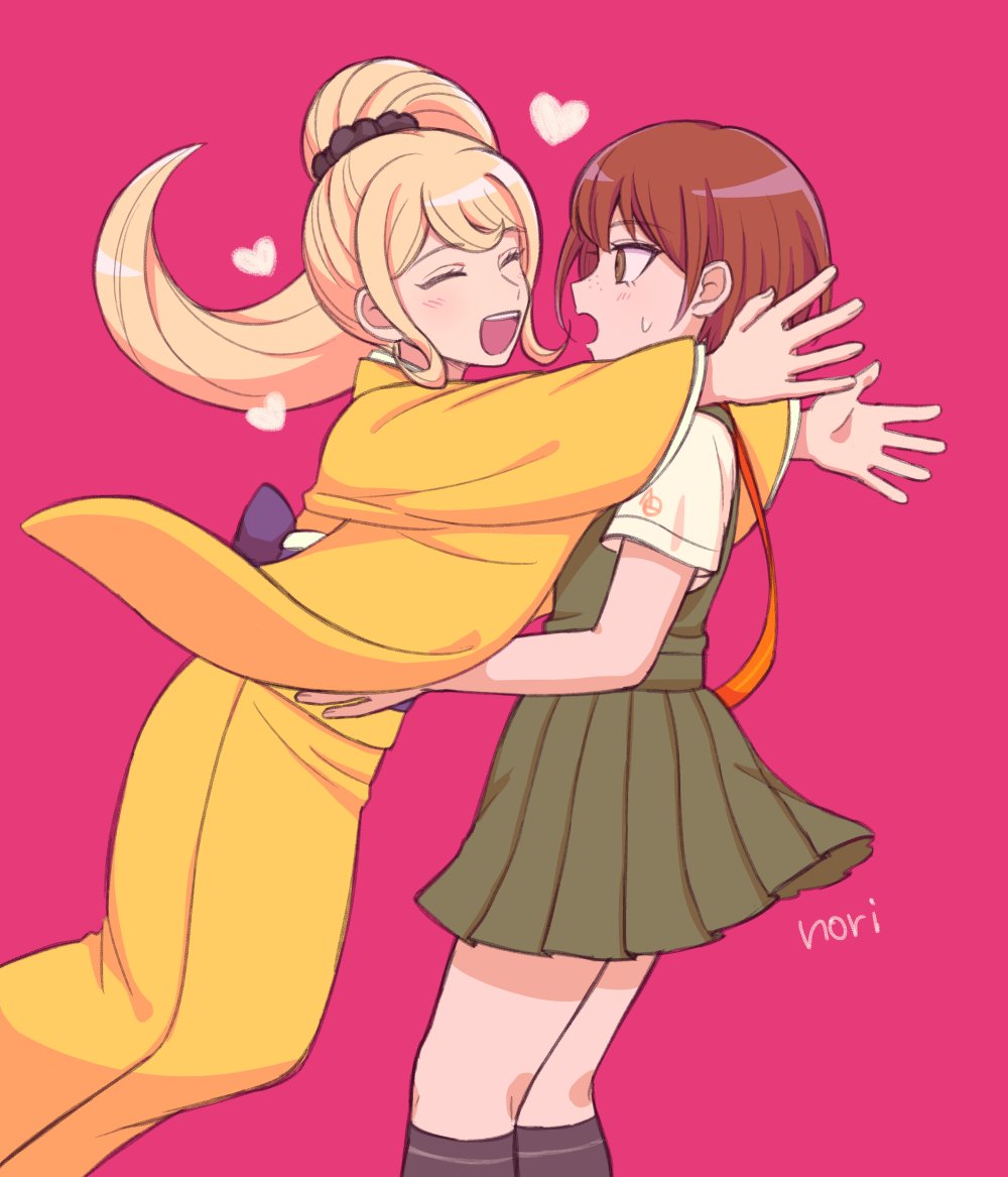 2girls :d artist_name black_bow black_scrunchie black_socks blonde_hair blush bow brown_eyes brown_hair chiyo_nori closed_eyes danganronpa_(series) danganronpa_2:_goodbye_despair dress green_dress hair_ornament hair_scrunchie heart hug imminent_hug japanese_clothes kimono kneehighs koizumi_mahiru long_hair long_sleeves multiple_girls open_mouth pinafore_dress pink_background ponytail red_hair saionji_hiyoko school_uniform scrunchie shirt short_hair simple_background skirt sleeveless_dress smile socks sweatdrop wide_sleeves yuri