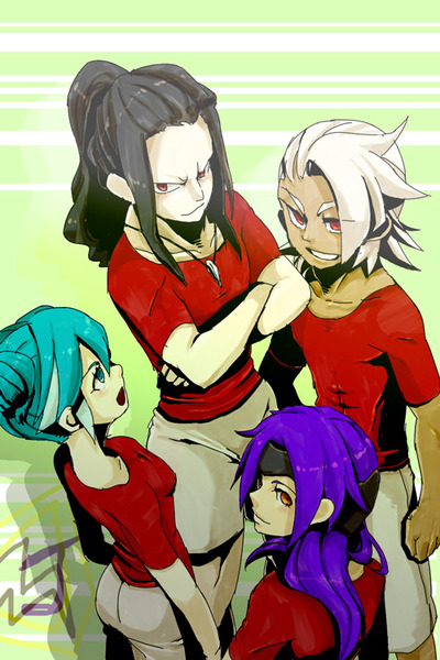 black_hair blue_hair green_eyes green_hair inazuma_eleven inazuma_eleven_(series) mutou_satoshi orange_eyes red_eyes saginuma_osamu segata_ryuuichiro sumeragi_maki wahashit white_hair