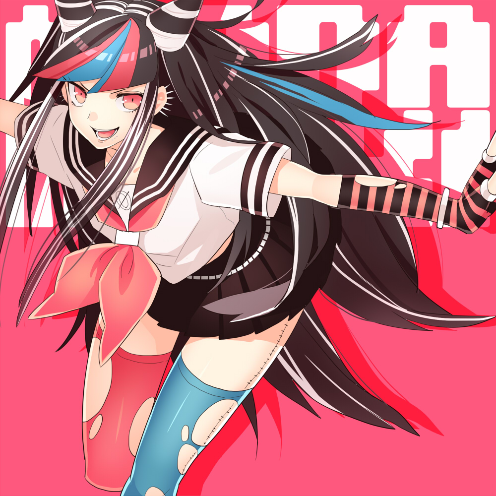 10s 1girl bad_id bad_pixiv_id black_hair character_name cone_hair_bun danganronpa_(series) danganronpa_2:_goodbye_despair ear_piercing face_piercing female_focus gum_(gmng) gumidemo_kandero hair_bun lip_piercing mioda_ibuki multicolored_hair open_mouth piercing pink_hair purple_eyes school_uniform skirt solo thighhighs