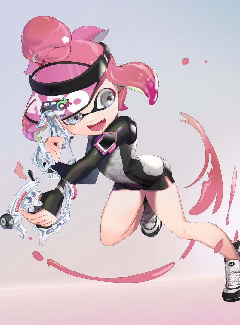 1girl commentary_request dual_wielding fang gradient_background grey_background grey_eyes gun holding holding_gun holding_weapon inkling inkling_girl inkling_player_character medium_hair nintendo open_mouth pink_hair polero_light shoes skin_fang smile solo splatoon_(series) splatoon_3 tentacle_hair tetra_dualies_(splatoon) visor_cap weapon