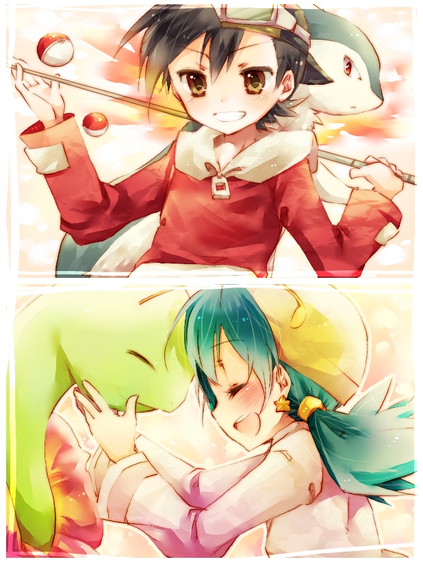 1boy 1girl amamiya_kabosu bad_id bad_pixiv_id black_hair blue_hair closed_eyes earrings ethan_(pokemon) gen_2_pokemon goggles goggles_on_head jewelry kris_(pokemon) meganium nintendo pokemon pokemon_(creature) pokemon_adventures smile star_(symbol) star_earrings twintails typhlosion