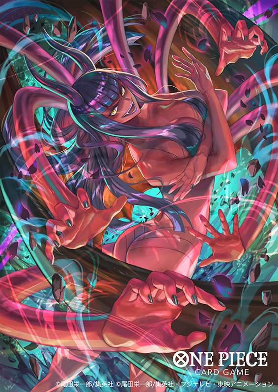1girl bisaiiiii black_hair black_horns black_nails blunt_bangs colored_skin commentary_request copyright_name crossed_arms demonio_fleur extra_arms fangs hana_hana_no_mi horns long_hair looking_at_viewer nico_robin official_art one_piece one_piece_card_game open_mouth panties pebble red_skin smile solo underwear yellow_eyes