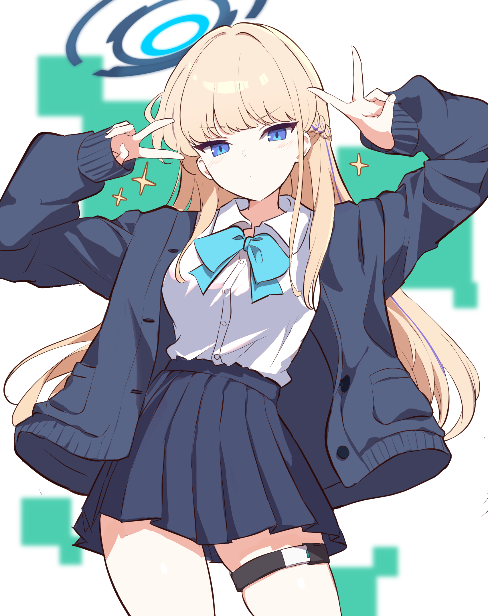 1girl aqua_bow aqua_bowtie blonde_hair blue_archive blue_cardigan blue_eyes blue_halo blue_skirt bow bowtie braid breasts cardigan closed_mouth collared_shirt commentary double_v half_up_braid halo highres lapis_(gulala375) large_breasts long_hair long_sleeves looking_at_viewer miniskirt open_cardigan open_clothes pleated_skirt school_uniform shirt shirt_tucked_in skindentation skirt sleeves_past_wrists solo sparkle swept_bangs thigh_strap toki_(blue_archive) toki_(school_uniform)_(blue_archive) tsurime v white_shirt