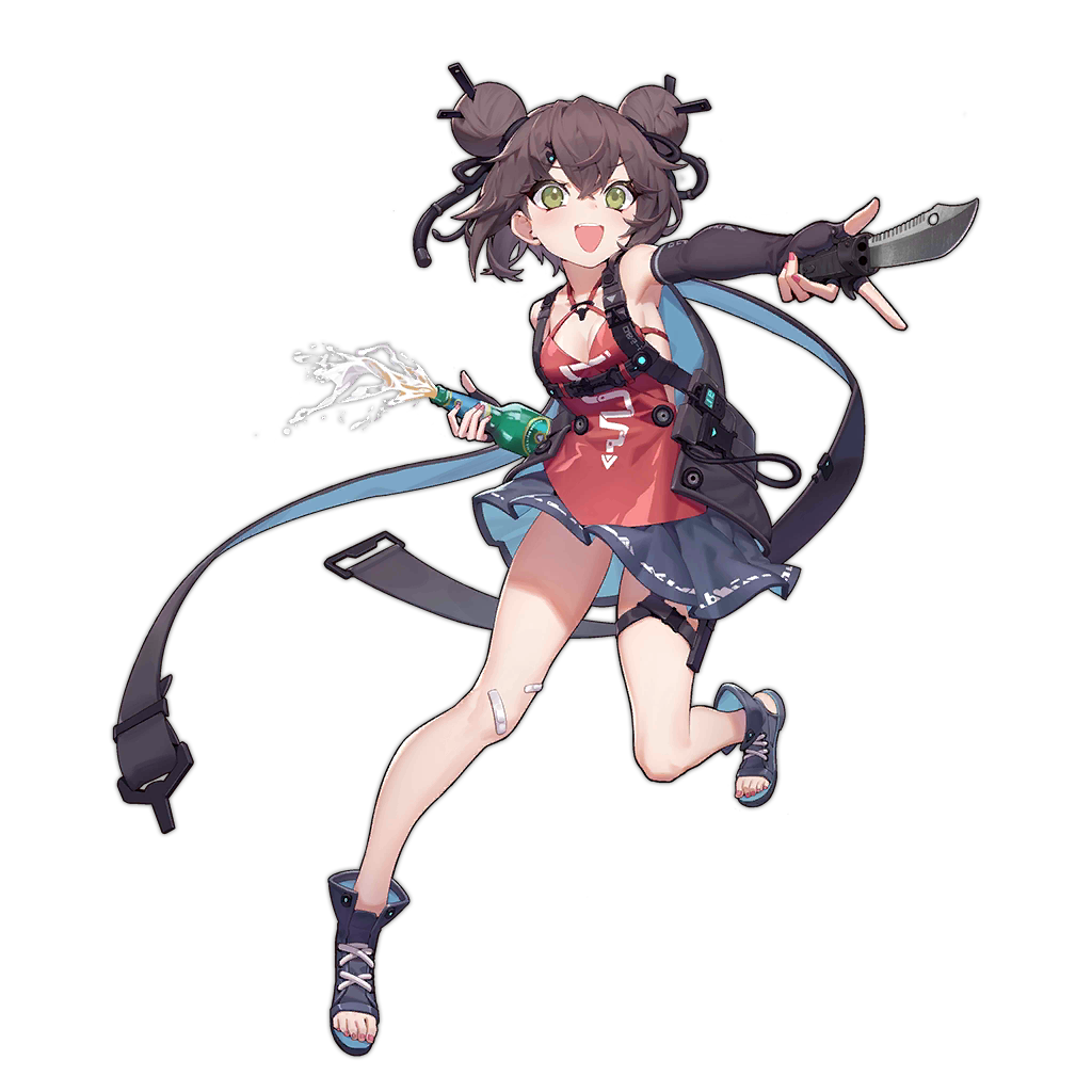 1girl :d bandaid bandaid_on_knee bandaid_on_leg bottle brown_hair chunrijun_(springer) combination_weapon dagger double_bun elbow_gloves fingerless_gloves fingernails full_body girls&#039;_frontline gloves green_eyes gun hair_bun handgun holding holding_knife holding_weapon knife knife_gun multiple-barrel_gun nail_polish official_art open_mouth pistol qsb-91 qsb-91_(girls&#039;_frontline) quadruple-barreled_pistol smile solo transparent_background volley_gun weapon