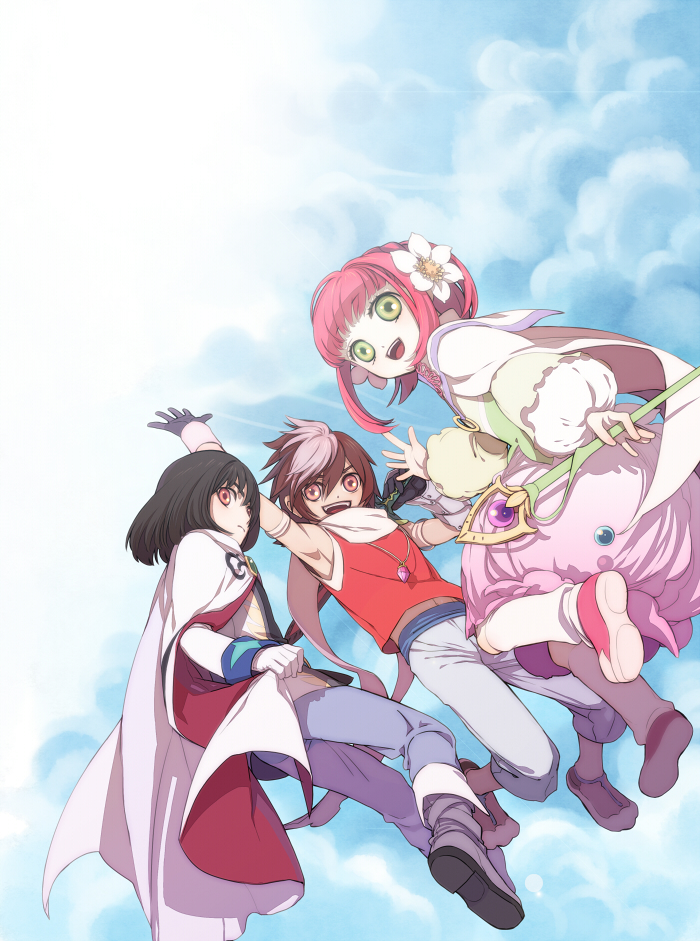 1girl 2boys arm_up bad_id bad_pixiv_id black_hair boots brown_eyes brown_hair bubble_skirt caius_qualls cape day dress flower green_eyes hair_flower hair_ornament jewelry lizzydom lukius_bridges multicolored_hair multiple_boys necklace pants pink_hair ponytail rubia_natwick shirt short_hair skirt sky smile tales_of_(series) tales_of_the_tempest two-tone_hair white_hair