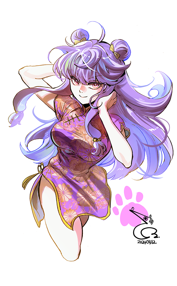 1girl bad_id bad_pixiv_id bae_(baebae) bow chinese_clothes dated double_bun dress floral_print hair_bow hair_bun long_hair microdress paw_print purple_dress purple_hair ranma_1/2 shampoo_(ranma_1/2) sidelocks signature smile yellow_bow