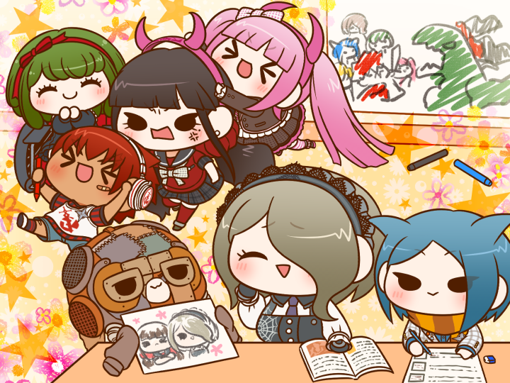 &gt;_&lt; 3boys 4girls :&gt; :3 ^_^ anger_vein angry apron arms_on_table badge bandaid bandaid_on_cheek bandaid_on_face bandaid_on_knee bandaid_on_leg black_apron black_eyes black_footwear black_gloves black_jacket black_sailor_collar black_shirt black_skirt black_socks blazer blonde_hair blue_hair blue_shirt blue_shorts blunt_bangs blunt_ends book boots bow bowtie brown_hair brown_helmet buttons chair child&#039;s_drawing closed_eyes closed_mouth collared_jacket collared_shirt daimon_masaru_(danganronpa) danganronpa_(series) danganronpa_another_episode:_ultra_despair_girls danganronpa_v3:_killing_harmony dark-skinned_male dark_skin denim denim_shorts dinosaur eraser eyelashes floral_background footwear_bow frilled_shirt frilled_shirt_collar frilled_skirt frilled_sleeves frills furrowed_brow gloves green_hair grey_hairband grey_shirt hair_horns hair_ornament hair_over_one_eye hair_ribbon hair_scrunchie hairband hand_on_own_cheek hand_on_own_face hand_on_table happy harukawa_maki headphones helmet holding holding_marker horn_bow horn_hairband horn_ornament horns jacket kemuri_jataro kneehighs lace-trimmed_hairband lace_trim layered_sleeves long_hair long_sleeves low_twintails marker medium_skirt miniskirt multiple_boys multiple_girls necktie o-ring on_chair open_book open_clothes open_jacket open_mouth outstretched_leg oversized_clothes own_hands_together pale_skin patchwork_clothes pink_hair pink_hairband pink_horns pink_thighhighs plaid_clothes plaid_jacket plaid_skirt pleated_skirt pocket polka_dot polka_dot_bow polka_dot_bowtie puffy_long_sleeves puffy_sleeves purple_necktie putting_on_headwear red_hair red_hairband red_ribbon red_scrunchie red_shirt red_thighhighs ribbon sailor_collar scarf school_uniform scrunchie serafuku shingetsu_nagisa shirt shoes short_hair shorts sitting skirt skirt_set sleeves_past_fingers sleeves_past_wrists smile sneakers socks solid_eyes spider_web_print spiked_hair star_(symbol) star_symbol_background straight_hair striped_clothes striped_scarf striped_shirt striped_thighhighs t-shirt table tank_top thighhighs three-quarter_sleeves tojo_kirumi towa_monaca triangle_mouth twintails two-tone_shirt two-tone_thighhighs unmoving_pattern utsugi_kotoko vertical-striped_clothes vertical-striped_shirt very_long_hair wavy_mouth wheelchair white_bow white_bowtie white_footwear white_jacket white_shirt white_tank_top white_thighhighs whiteboard writing yellow_background yellow_scarf yumaru_(marumarumaru)