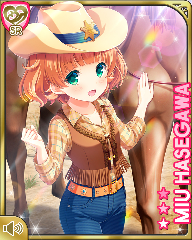 1girl :d blonde_hair bow brown_vest card_(medium) cowboy_clothes cowboy_hat day denim girlfriend_(kari) green_eyes hasegawa_miu hat horse jeans looking_at_viewer official_art open_mouth outdoors pants qp:flapper shirt short_hair smile solo standing tagme vest yellow_shirt