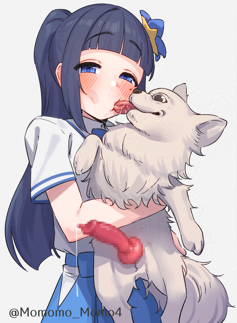 1girl animal animal_penis aoi_ch. bestiality black_hair blue_eyes blue_hair blue_hakama blunt_bangs blush bow censored dog dog_penis french_kiss fuji_aoi hakama hakama_skirt highres japanese_clothes kiss long_hair looking_at_viewer mole mole_under_eye mosaic_censoring open_mouth penis saliva shirt short_sleeves simple_background skirt tongue tongue_out twitter_username virtual_youtuber white_background white_shirt yoshiwa_tomo