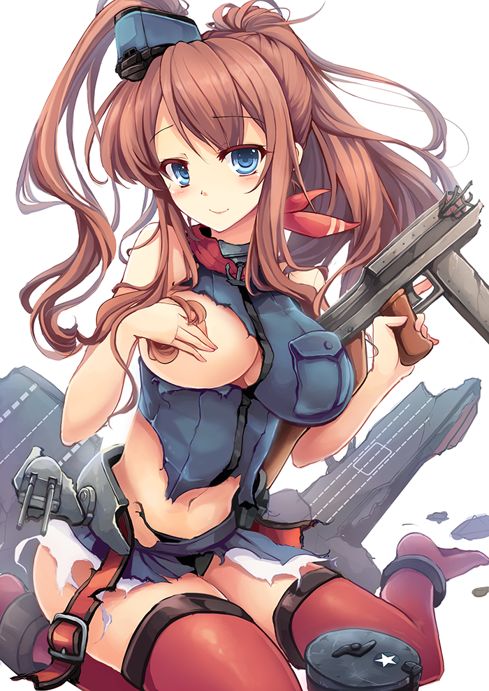 10s 1girl black_dress breasts burnt_clothes colored_eyelashes convenient_censoring dress flight_deck goushou hair_between_eyes hand_on_own_chest kantai_collection large_breasts long_hair looking_at_viewer navel ponytail red_thighhighs saratoga_(kancolle) saratoga_mk_ii_(kancolle) side_ponytail sidelocks sitting smile smokestack thighhighs torn_clothes wariza