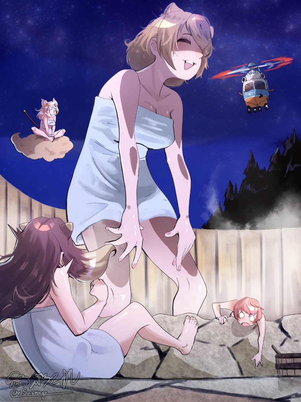 4girls alpine_marmot_(kemono_friends) animal_ears breasts brown_hair capybara capybara_(kemono_friends) cleavage collarbone extra_ears fallen_down fingernails giant giantess highres japanese_macaque_(kemono_friends) kemono_friends large_breasts light_brown_hair long_hair looking_at_another medium_breasts medium_hair multiple_girls naked_towel night o_o onsen open_mouth outdoors pink_hair riri_(dgra3272) scared shaded_face sitting size_difference sky smile son_goku_(kemono_friends) standing star_(sky) starry_sky steam tearing_up towel