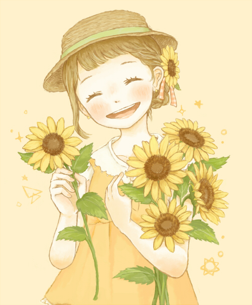 1girl :d ^_^ blunt_bangs blush brown_hat casual closed_eyes collarbone commentary_request dress earrings facing_viewer flower green_ribbon hair_behind_ear hair_flower hair_ornament hair_ribbon hat hat_ribbon holding holding_flower jewelry leaf open_mouth orange_dress original partial_commentary pinafore_dress pink_ribbon ribbon shirt short_hair simple_background sleeveless sleeveless_dress smile solo stud_earrings sunflower surprised tan_background teeth tokoyu tongue triangle upper_body upper_teeth_only white_shirt yellow_flower