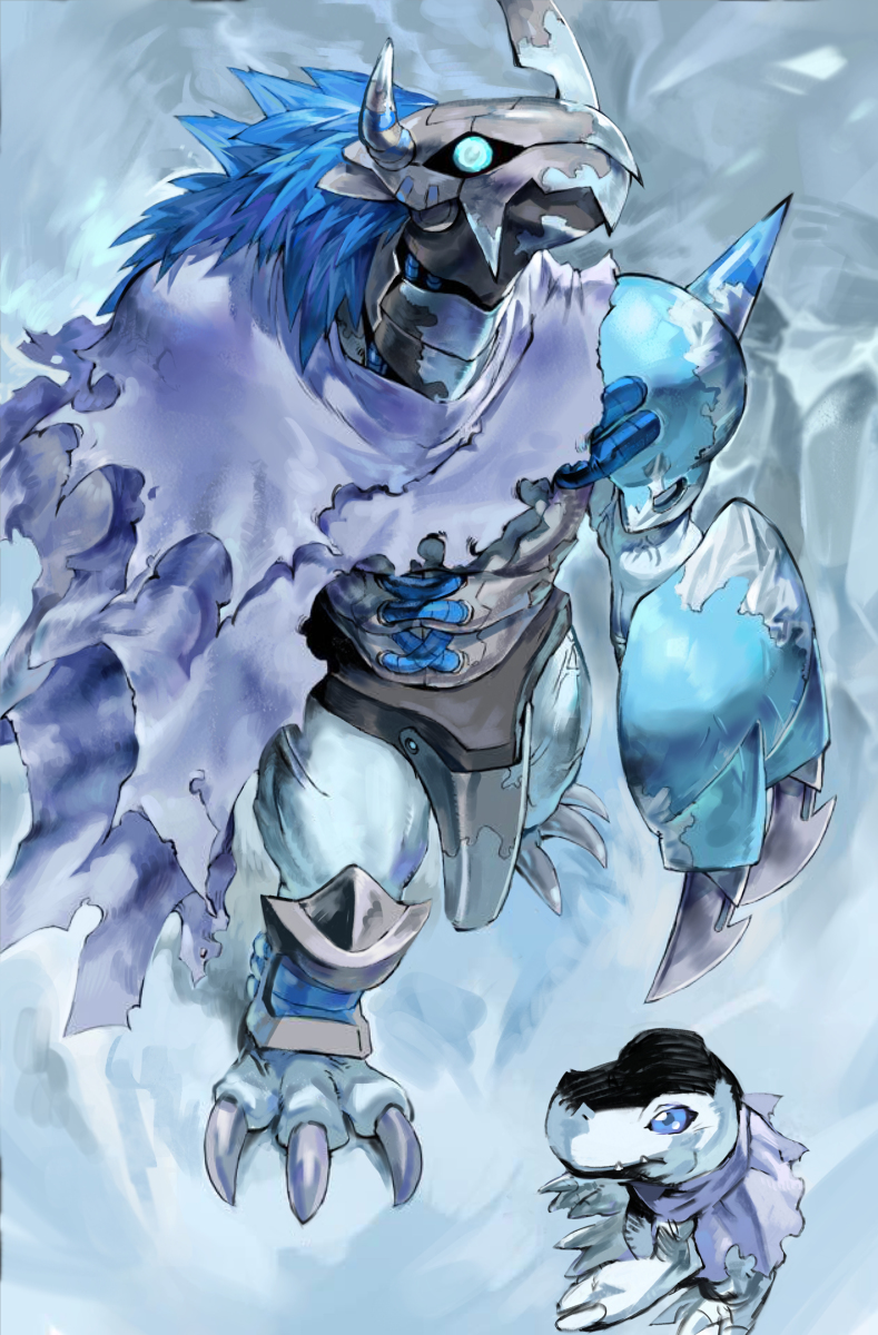 armor digimon digimon_(creature) highres ice level-00 looking_at_viewer oridigi sharp_teeth snow teeth wargreymon yukiagumon