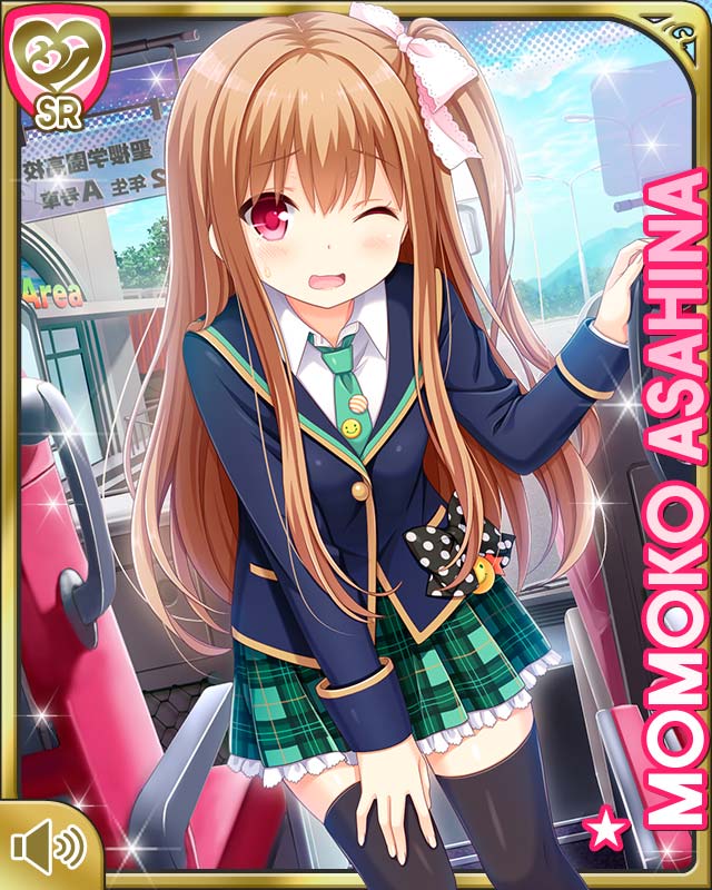 1girl asahina_momoko badge black_thighhighs blazer blue_jacket bow brown_hair bus button_badge card_(medium) character_name day girlfriend_(kari) green_skirt hair_bow hair_ribbon jacket motor_vehicle necktie official_art one_eye_closed one_side_up open_mouth plaid_clothes plaid_skirt polka_dot polka_dot_bow qp:flapper red_eyes ribbon school_uniform sick side_ponytail skirt solo standing thighhighs vehicle_interior