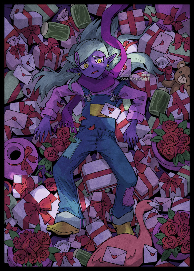 1boy aizawa_sachi artist_name blue_overalls box colored_skin dated earrings flower gift gift_box green_hair hair_ornament hairclip jar jewelry letter long_hair long_sleeves love_letter male_focus omori open_mouth overalls pickle pink_sweater pointy_ears purple_scarf purple_skin red_flower red_rose rococo_(omori) rose scarf solo stuffed_animal stuffed_toy sweater teddy_bear yellow_eyes