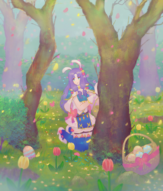1girl animal_ears basket blue_eyes dress easter_egg egg fake_animal_ears female_focus fire_emblem fire_emblem:_the_blazing_blade florina_(fire_emblem) forest grass leotard lijupy nature nintendo outdoors pastel_(medium) playboy_bunny purple_hair rabbit_ears rabbit_girl solo traditional_media tree wavy_hair