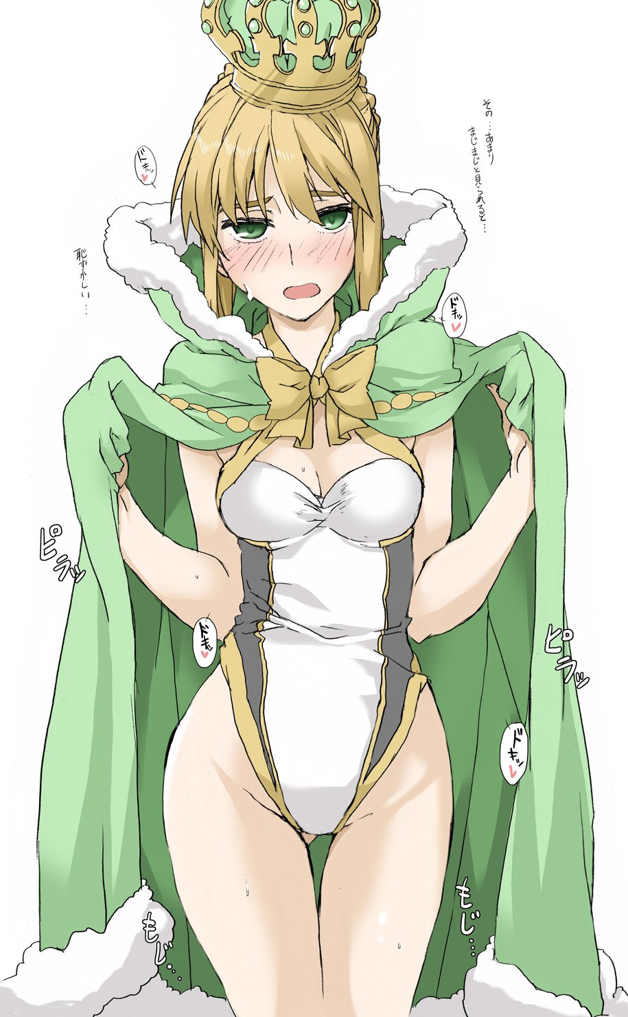 1girl artoria_pendragon_(fate) artoria_pendragon_(swimsuit_archer)_(fate) artoria_pendragon_(swimsuit_archer)_(third_ascension)_(fate) blonde_hair blush breasts cape cleavage colored_eyelashes crown elf_(stroll_in_the_woods) fate/stay_night fate_(series) female_focus fur-trimmed_cape fur_trim gluteal_fold green_crown green_eyes groin highres legs medium_breasts one-piece_swimsuit saber_(fate) solo sweatdrop swimsuit thigh_gap thighs translation_request white_background