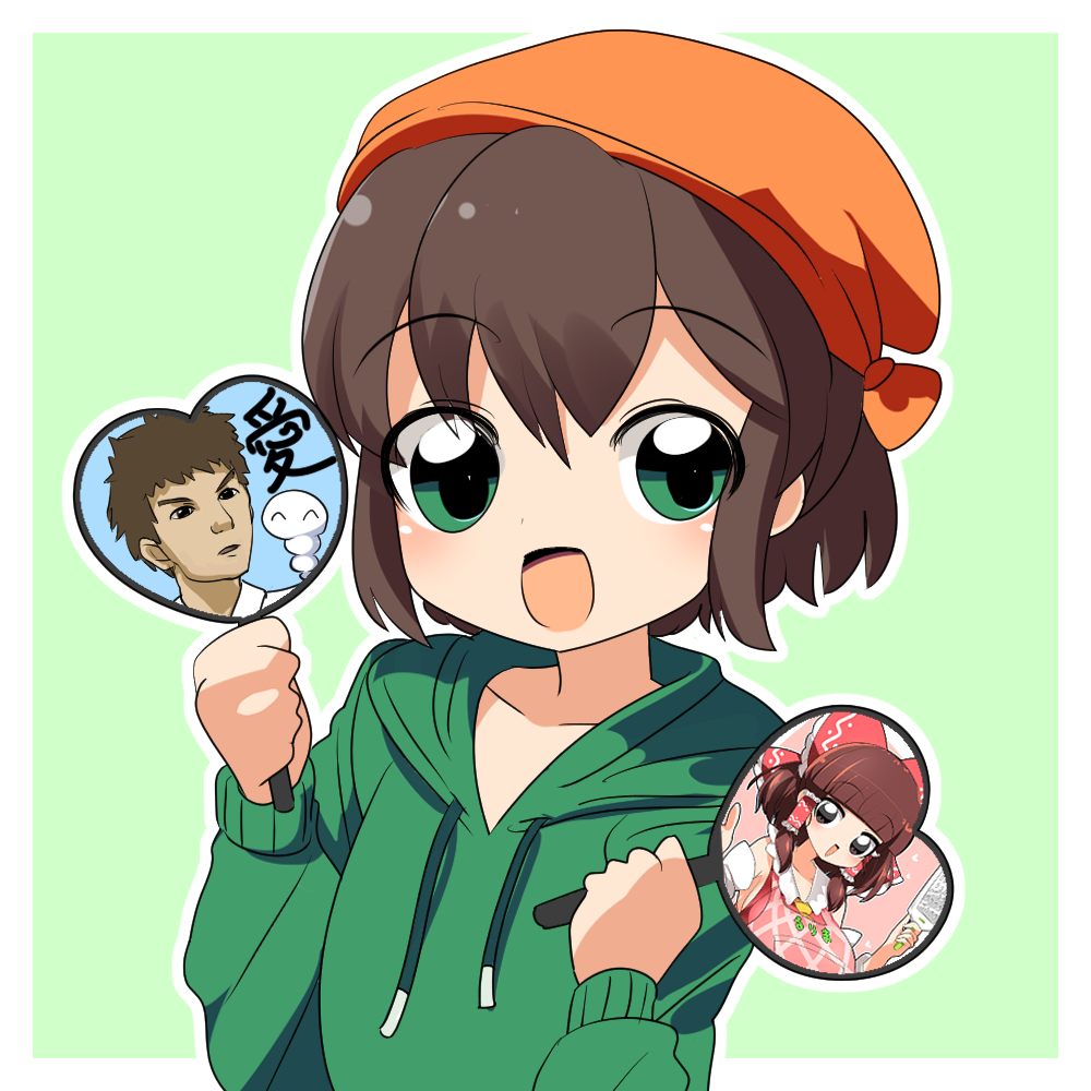 1boy bandana blush brown_hair commentary_request cookie_(touhou) green_background green_eyes green_hoodie gunshi_minoru hand_fan holding holding_fan hood hood_down hoodie indie_virtual_youtuber lets0020 long_sleeves looking_at_viewer male_focus open_mouth orange_bandana rurima_(cookie) short_hair smile sn_(zigzagspark6)_(character) solo two-tone_background upper_body virtual_youtuber