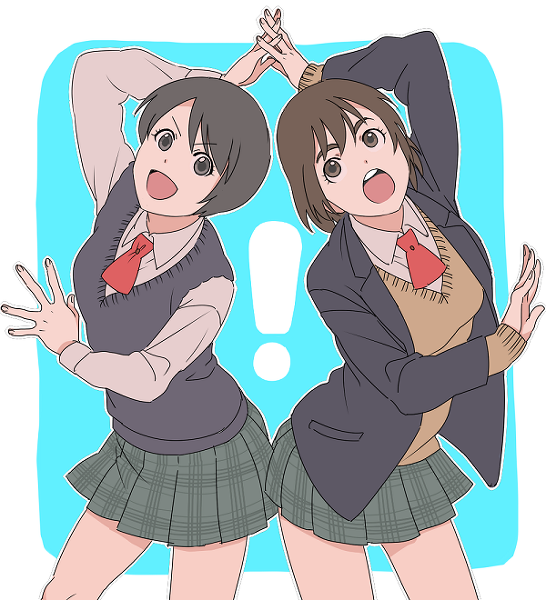 ! 2girls :d :o ayase_fuuka beast_garururu black_eyes black_hair blue_background breasts brown_eyes brown_hair hiwatari image_sample interlocked_fingers looking_at_viewer looking_up multiple_girls necktie open_mouth pixiv_sample plaid_clothes plaid_skirt pleated_skirt resized school_uniform shimau short_hair simple_background skirt smile sweater_vest yotsubato!
