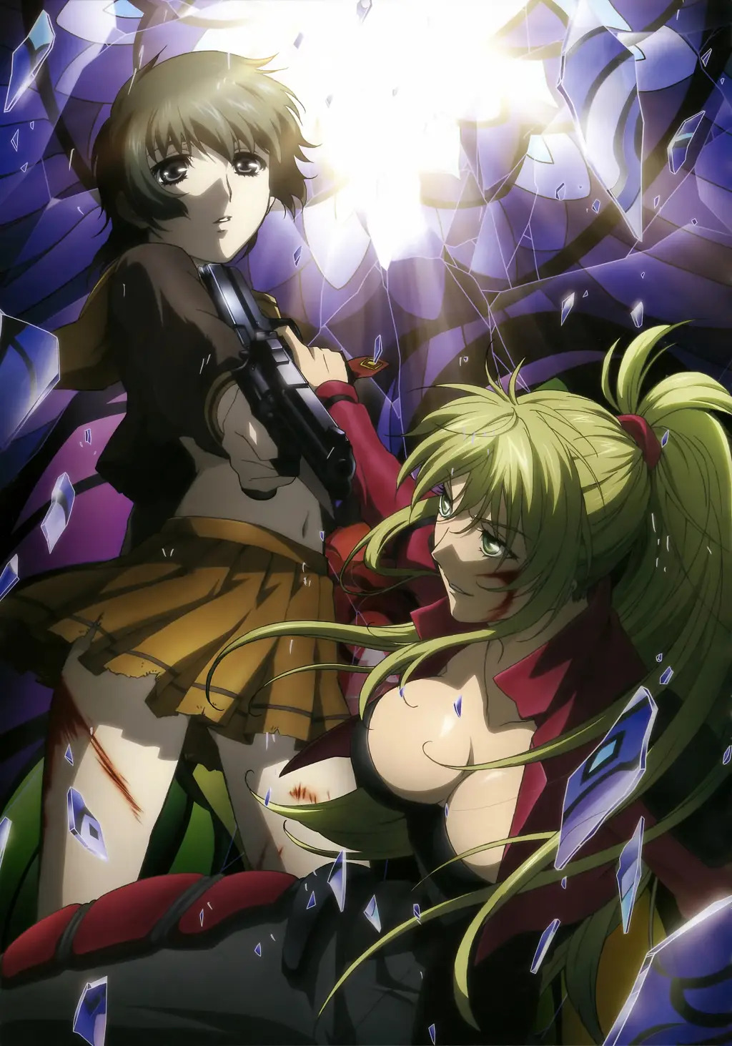 2girls artist_request blonde_hair blood blood_on_face cal_devens ein_(phantom_of_inferno) gun multiple_girls official_art phantom_of_inferno smile tagme weapon