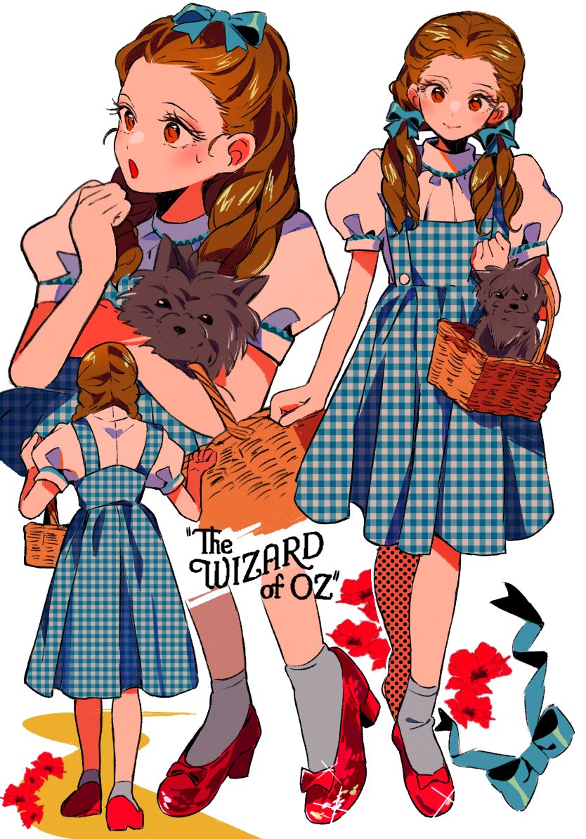 1girl animal basket blue_dress commentary dog dorothy_gale dress english_commentary eyelashes half_updo holding holding_basket multiple_views open_mouth puffy_short_sleeves puffy_sleeves red_shoes sanamaru_(sana79261827) shoes short_sleeves simple_background socks solo sweatdrop the_wizard_of_oz toto_(twooz) twintails white_background white_socks