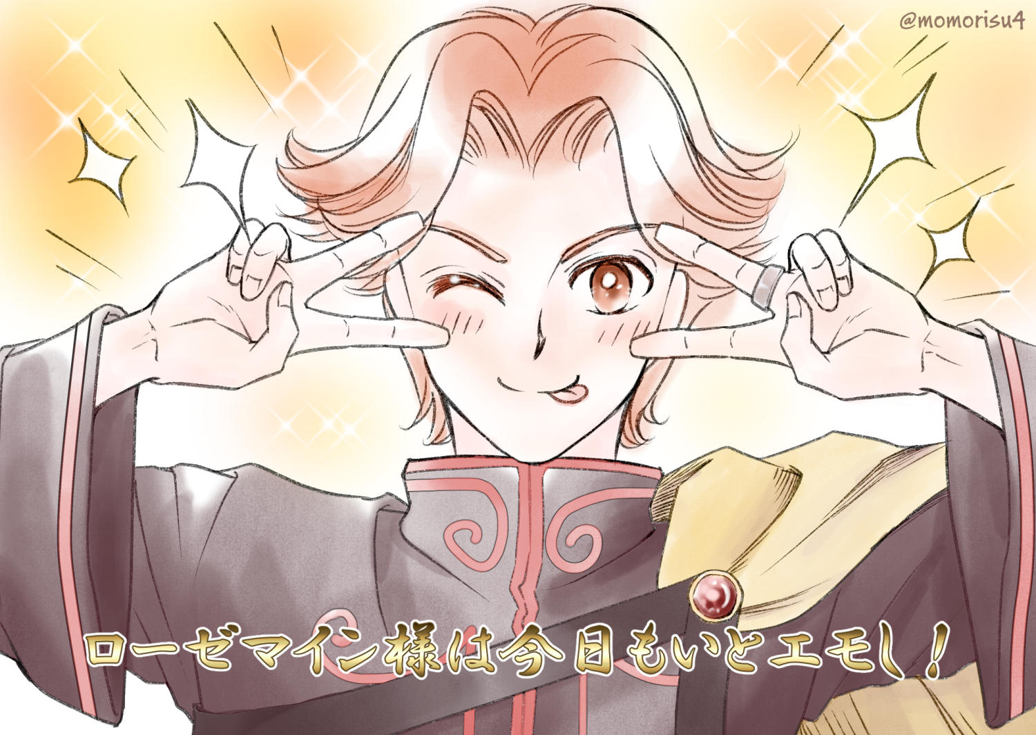 1boy ;p artist_name blush brown_hair cape double_v emotional_engine_-_full_drive gradient_background hands_up hartmut_(honzuki_no_gekokujou) honzuki_no_gekokujou jewelry looking_at_viewer male_focus momorisu4 one_eye_closed parody parted_bangs red_eyes ring robe short_hair smile solo sparkle tongue tongue_out translation_request v wide_sleeves yellow_background yellow_cape